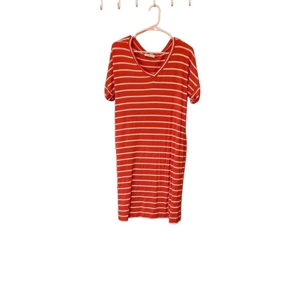 Striped dress with pockets. V-neck. Orange and white. Small. NWOT - Picture 3 of 3